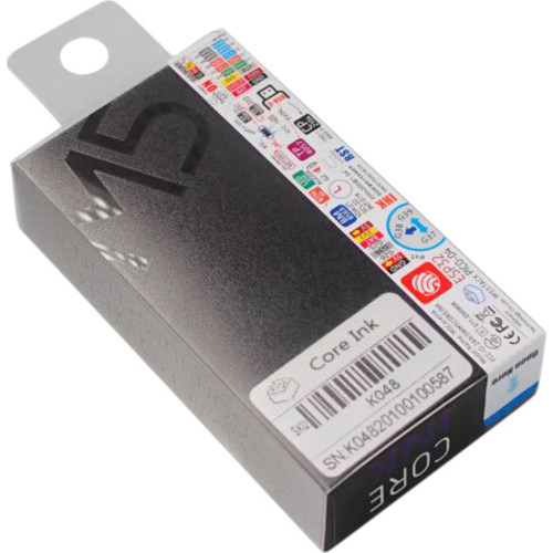 Graue Tintenpatronenverpackung mit internationalisierten Icons und Texten bedruckt; Produktname 'Core Ink' und Seriennummer sichtbar.